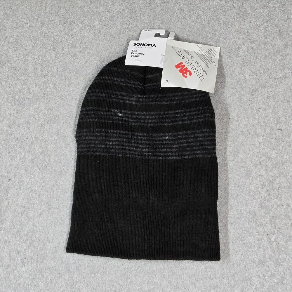 Sonoma Men Beanie ONE SIZE Black Stripe Insulated Cuffed NWT